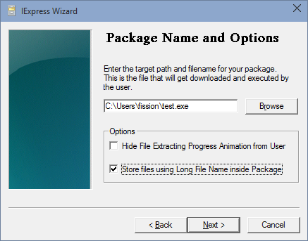 IExpress Wizard: Package Name and Options